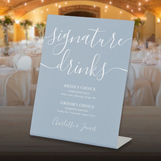 Signe De Table Mariage Dusty Blue Signature Boissons Pedesta (Dusty Blue Wedding Signature Drinks Pedesta Pedestal Sign)