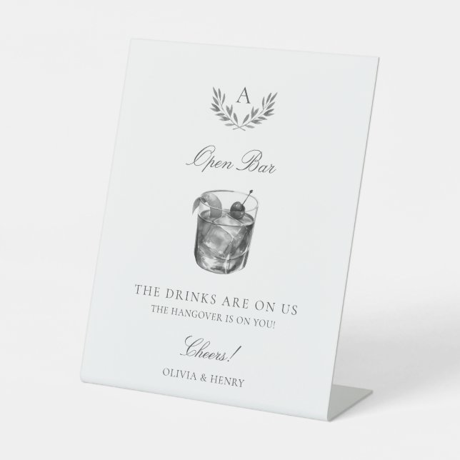 Signe De Table Mariage élégant avec monogramme et bar ouvert (Recto)