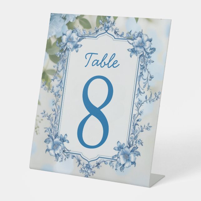 Signe De Table Mariage élégant fleurs superposées bleues et blanc (Recto)