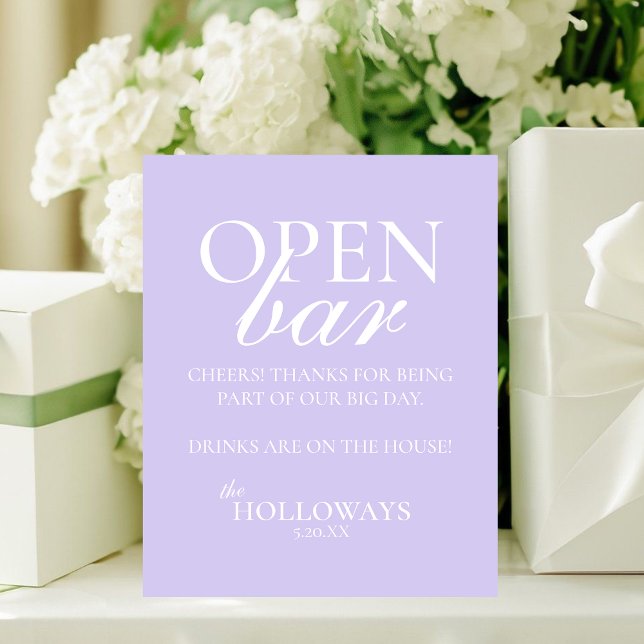 Signe De Table Mariage Élégant Moderne Bar Ouvert Lavande (Modern Elegant Lavender Open Bar Wedding Pedestal Sign)