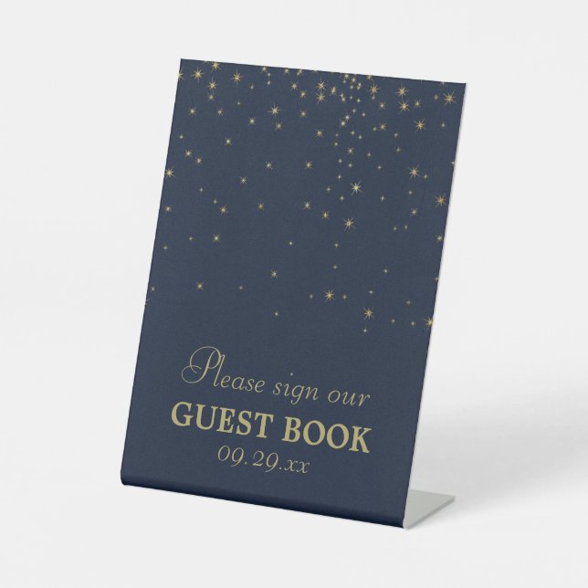 Signe De Table Mariage élégant Navy & Gold Falling Stars (Recto)
