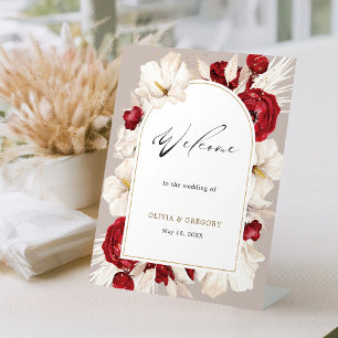 Signe De Table Mariage fleuri rouge et blanc rubis Bienvenue
