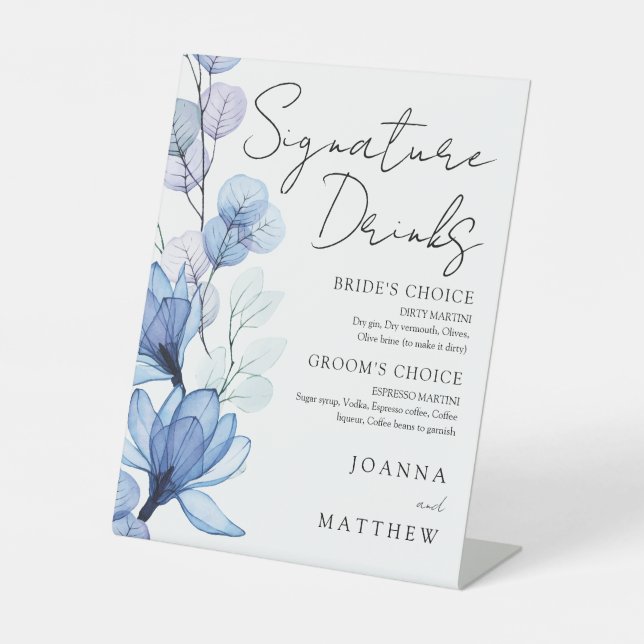 Signe De Table Mariage floral bleu Dusty Signature Boissons (Recto)