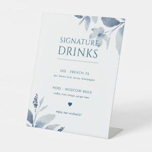 Signe De Table Mariage floral bleu foncé Signature Boissons Signa