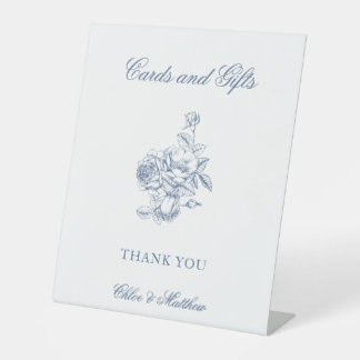 Signe De Table Mariage Floral Bleu Poussiéreux Élégant Classique