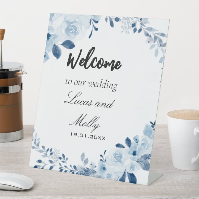 Signe De Table Mariage Floral Français Bleu Moderne (In SItu)