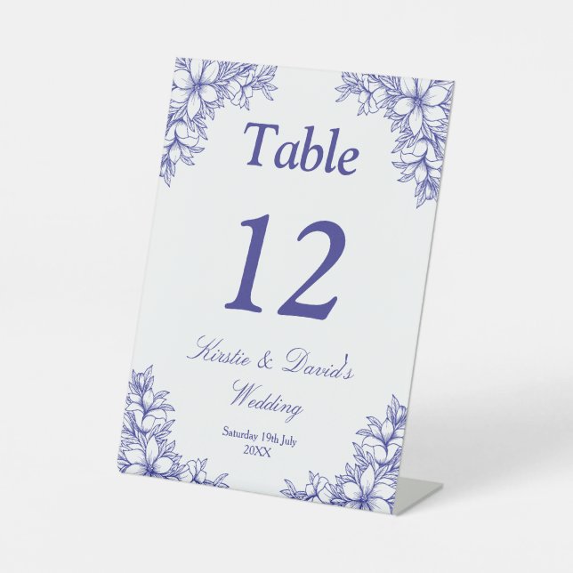 Signe De Table Mariage Floral Orné Bleu (Recto)