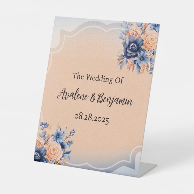 Signe De Table Mariage floral peint bleu marine et bracelet (Recto)