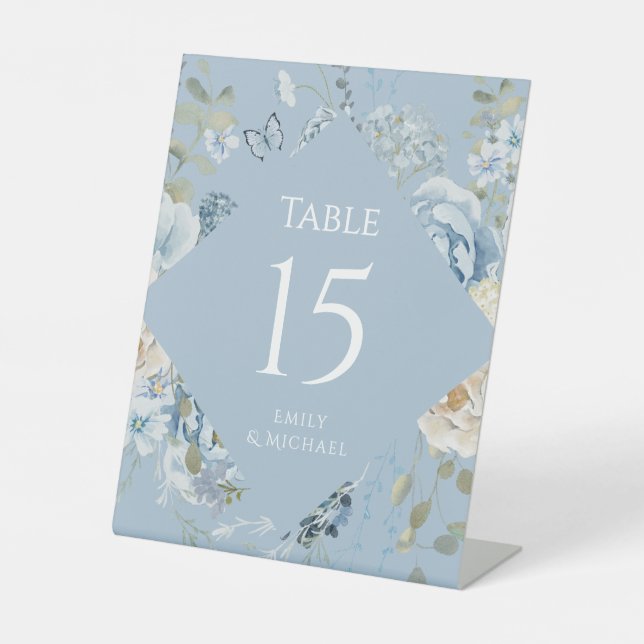 Signe De Table Mariage floral romantique bleu Dusty (Recto)