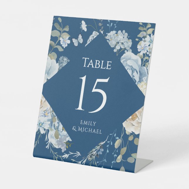 Signe De Table Mariage floral romantique bleu Dusty (Recto)