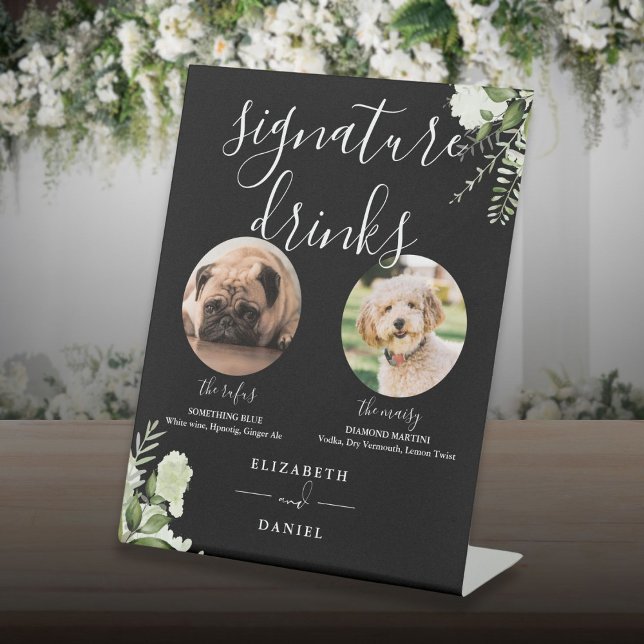 Signe De Table Mariage Noir Et Blanc Pet Chien Signature Boissons (Black And White Wedding Pet Dog Signature Drinks Pedestal Sign)