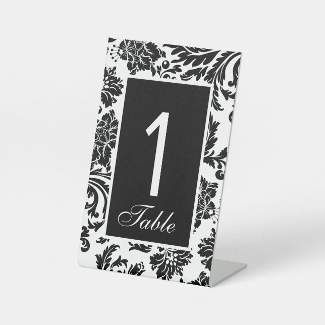 Signe De Table Mariage personnalisé noir et blanc damassé (Recto)