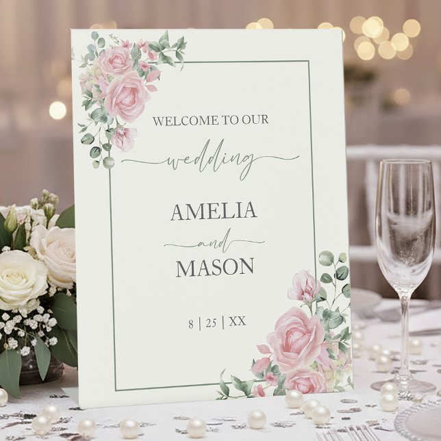 Signe De Table Mariage rose et vert (Blush Pink and Sage Green Floral Wedding Welcome Pedestal Sign)