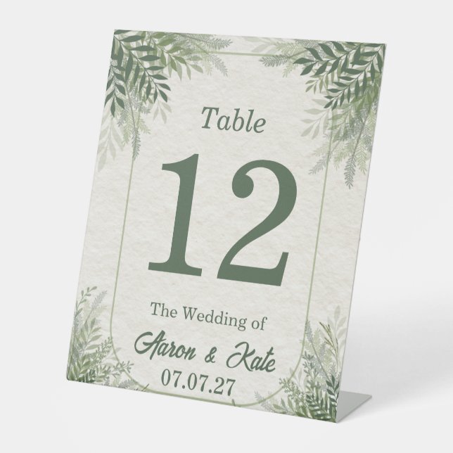 Signe De Table Mariage simple aux feuilles vert beige (Recto)