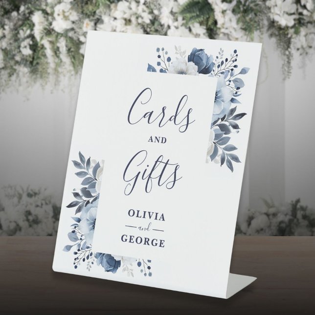 Signe De Table Marine Bleu Élégant Floral Moderne Cartes Et Cadea (Navy Blue Elegant Modern Floral Cards And Gifts Pedestal Sign)