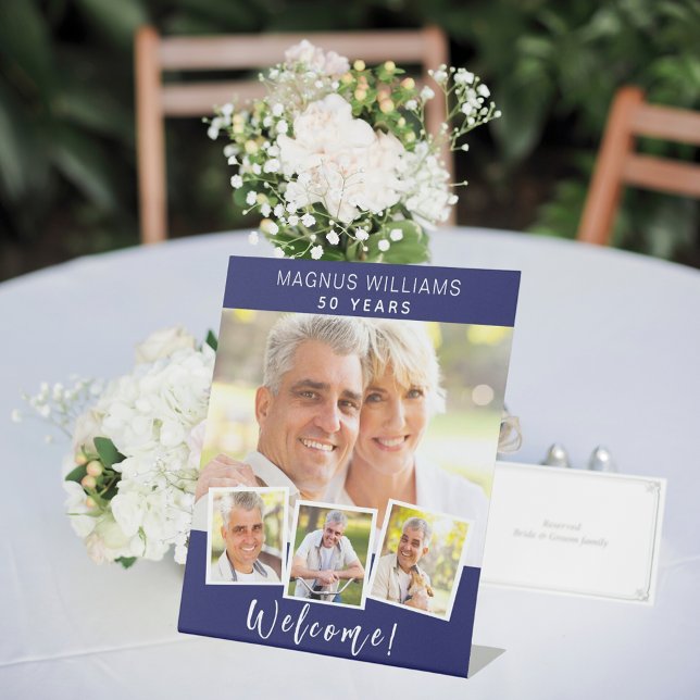 Signe De Table Marine bleu photo collage anniversaire fête bienve (Créateur téléchargé)