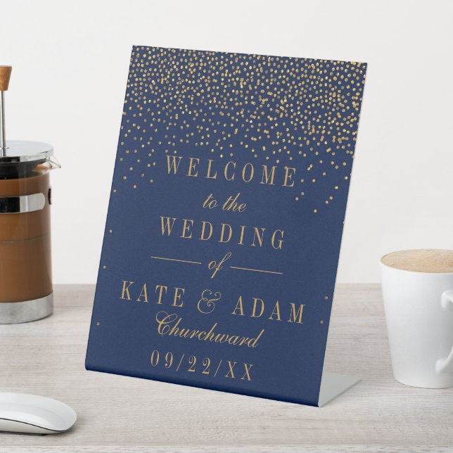 Signe De Table Marine Blue & Glam Gold Confetti Mariage Bienvenue (In SItu)