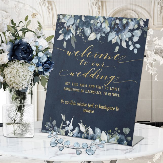 Signe De Table Marine Blue Peony & Gold Font Font Calligraphie (Créateur téléchargé)