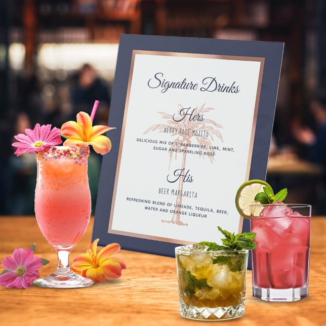 Signe De Table Marine Rose Gold Palm Tree Mariage Signature Boiss (Navy Rose Gold Palm Tree Wedding Signature Drinks Pedestal Sign)