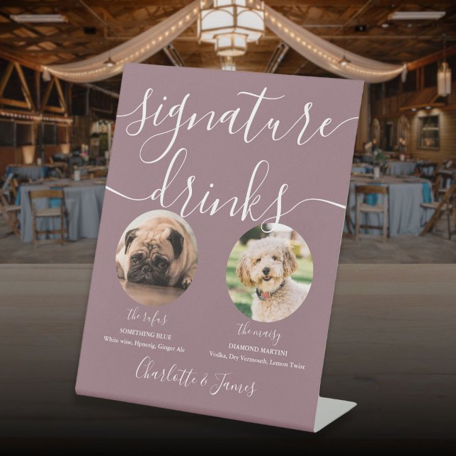 Signe De Table Mauve Mariage Pet Chien Signature Boissons (Mauve Wedding Pet Dog Signature Drinks Pedestal Sign)