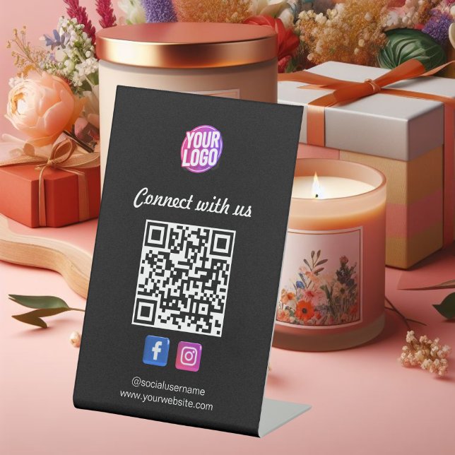 Signe De Table Médias sociaux avec code QR Carte de visite noir P (Créateur téléchargé)