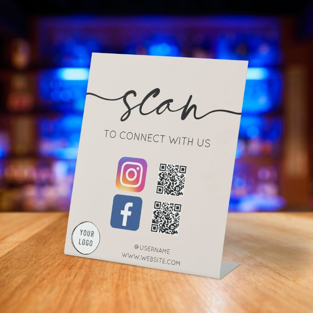Signe De Table Médias sociaux QR Code Greige (Créateur téléchargé)
