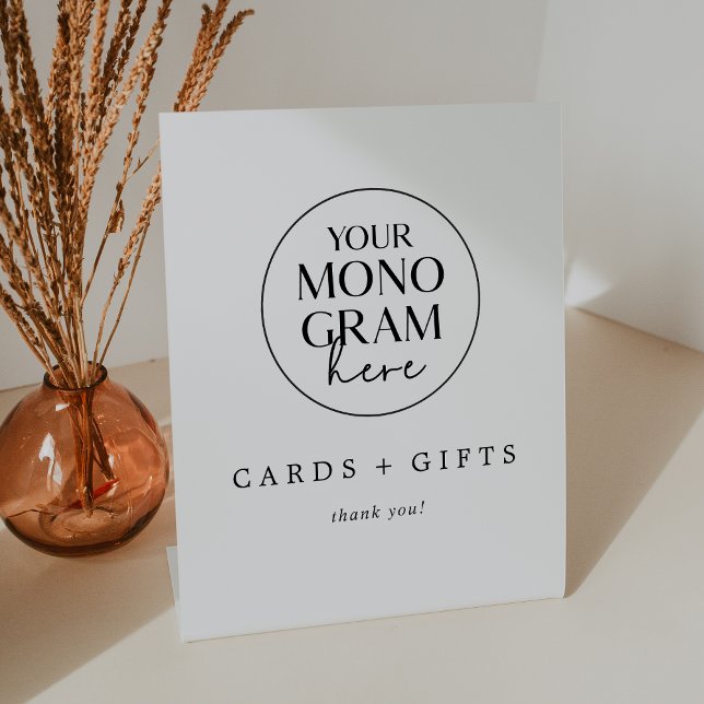 Signe De Table MEGHAN Monogramme Cartes et cadeaux de mariage min (MEGHAN Monogram Minimal Wedding Cards and Gifts Pedestal Sign)