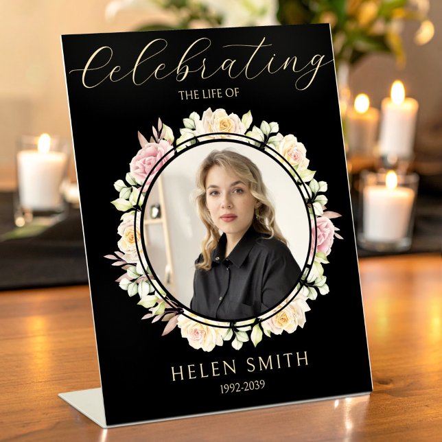 Signe De Table Memory Funeral Photo Floral Wreath Black (Créateur téléchargé)