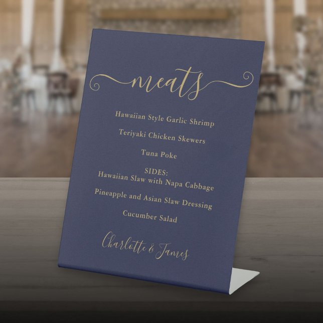 Signe De Table Menu alimentaire écriture signature bleu marine et (Food Menu Signature Script Navy Blue And Gold Pedestal Sign)