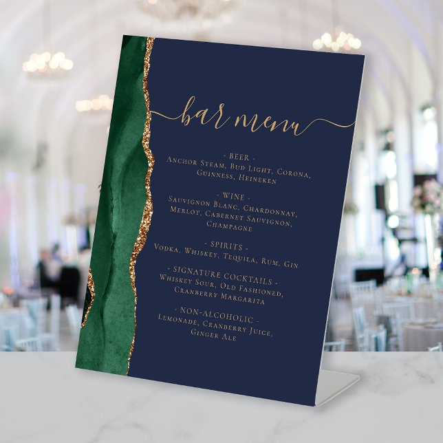 Signe De Table Menu Bar de Mariage Émeraude Vert Agate Bleu Marin (Créateur téléchargé)