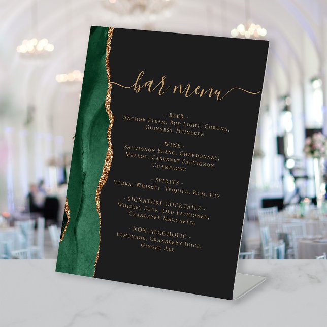 Signe De Table Menu Bar de Mariage Émeraude Vert Or Agate Foncé (Créateur téléchargé)