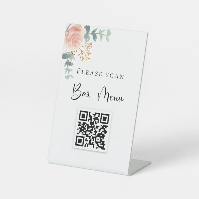 Signe De Table Menu Barre Code QR bleu floral eucalyptus (Recto)