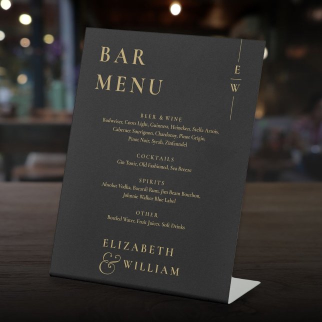 Signe De Table Menu Barre Monogramme Élégant Noir Et Or (Black And Gold Elegant Monogram Bar Menu Pedestal Sign)