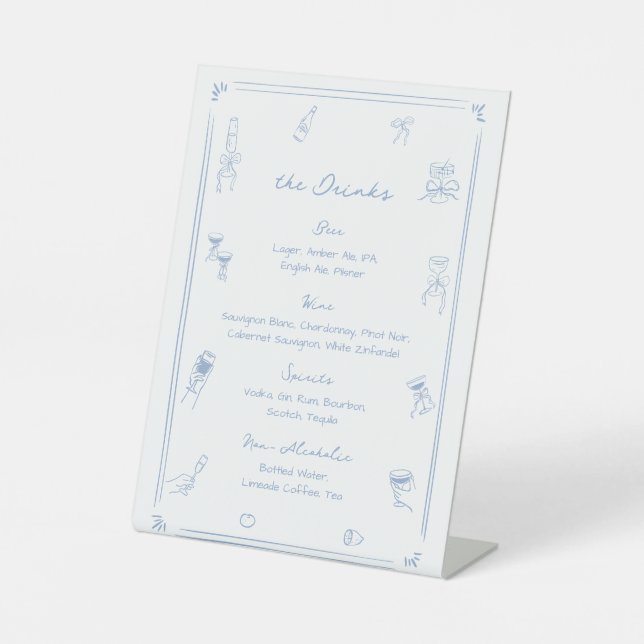 Signe De Table Menu Boisson de la barre Mariage bleue dessinée à  (Recto)