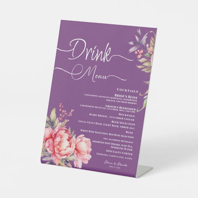 Signe De Table Menu Boisson mariage Profond Purple Peony Rose (Recto)