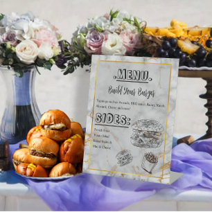 Signe De Table Menu Burger Mariage Elégant Simple Marbre Or
