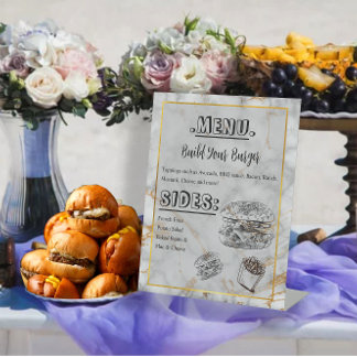 Signe De Table Menu Burger Mariage Elégant Simple Marbre Or