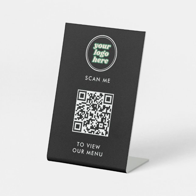 Signe De Table Menu Code QR | Logo noir sans contact moderne (Recto)