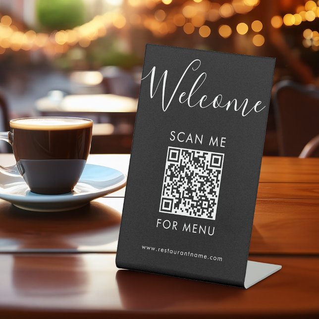 Signe De Table Menu Code QR Noir Moderne Bienvenue Scannez-Moi (Créateur téléchargé)