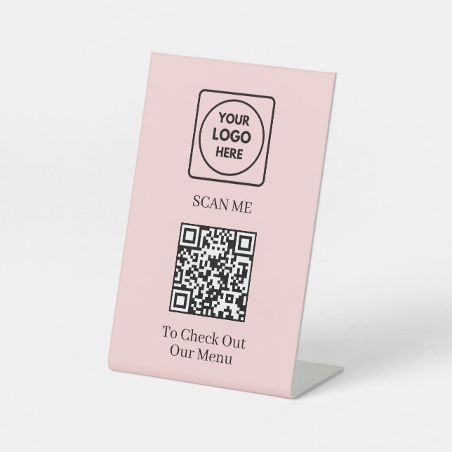 Signe De Table Menu Code QR Rose | Logo Sans Contact Personnalisé (Recto)