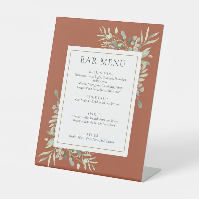 Signe De Table Menu de bar à feuillage de verdure aquarelle en te (Recto)