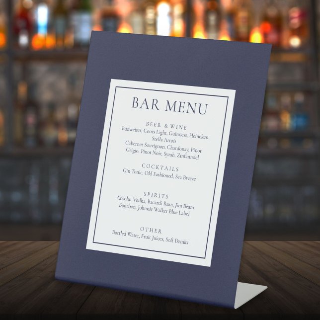 Signe De Table Menu de bar bleu marine moderne classique (Classic Modern Navy Blue Bar Menu Pedestal Sign)