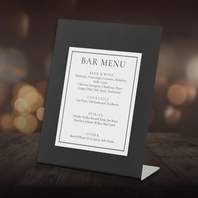 Signe De Table Menu de bar classique moderne noir et blanc (Classic Modern Black And White Bar Menu Pedestal Sign)