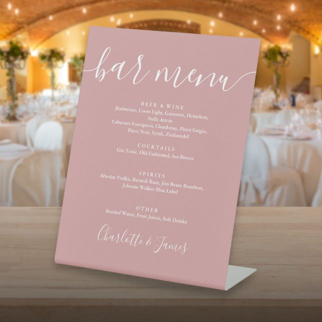 Signe De Table Menu de bar de mariage à écriture signature rose p (Dusty Rose Signature Script Wedding Bar Menu Pedestal Sign)
