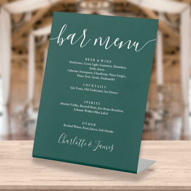 Signe De Table Menu de bar de mariage à écriture signature vert é (Créateur téléchargé)