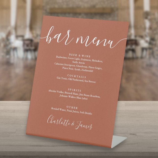 Signe De Table Menu de bar de mariage à écriture Terracotta Signa (Terracotta Signature Script Wedding Bar Menu Pedestal Sign)