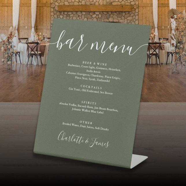 Signe De Table Menu de bar de mariage à l'écriture signature vert (Olive Green Signature Script Wedding Bar Menu Pedestal Sign)