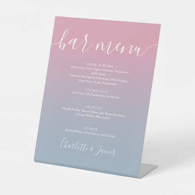 Signe De Table Menu de bar de mariage à script ombré rose et bleu (Recto)