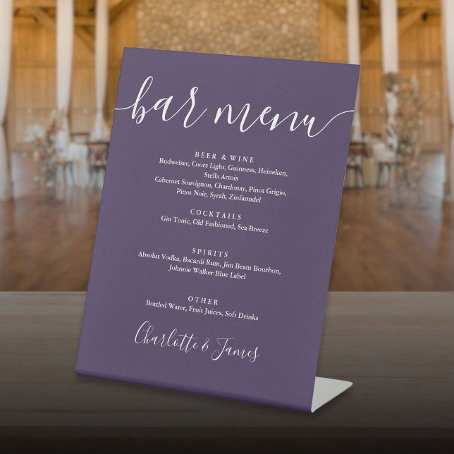 Signe De Table Menu de bar de mariage à signature violette script (Purple Signature Script Wedding Bar Menu Pedestal Sign)