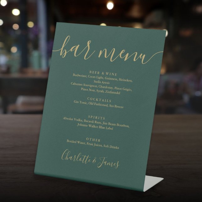 Signe De Table Menu de Bar de Mariage Écriture Vert Émeraude et O (Emerald Green And Gold Script Wedding Bar Menu Pedestal Sign)